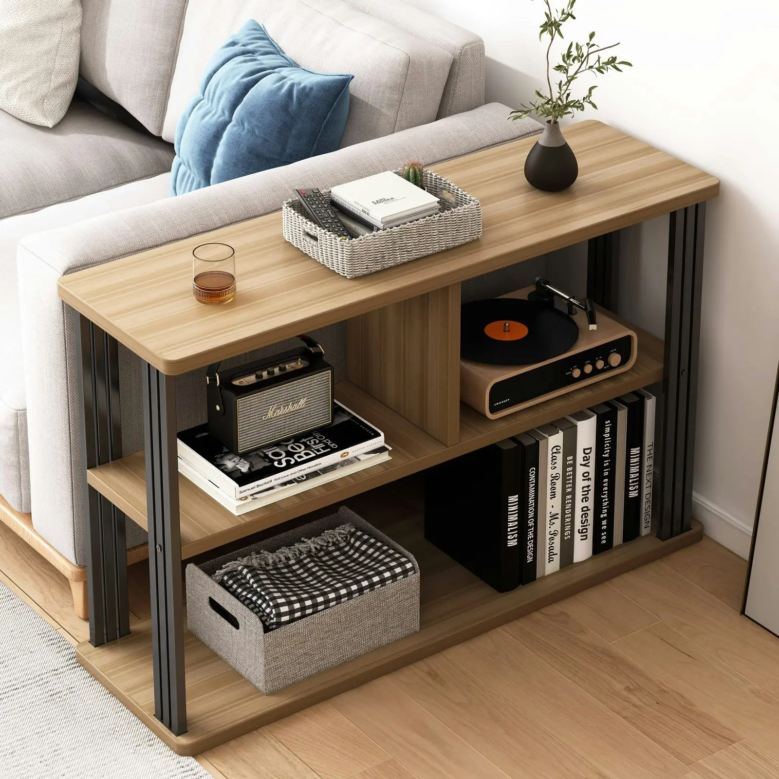 Icon Wood and Steel Sofa Side Table with Shelves (Oak)