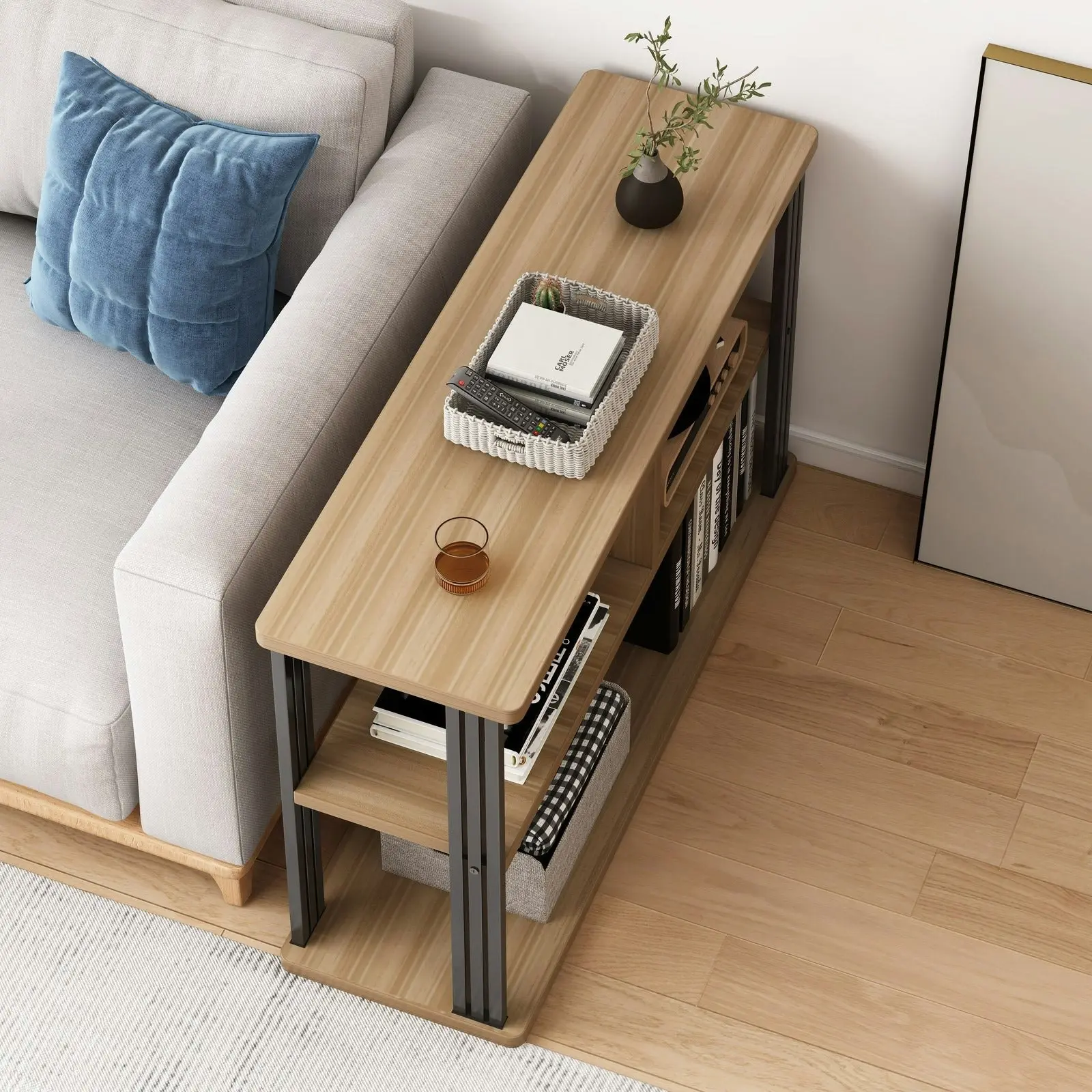 Icon Wood and Steel Sofa Side Table with Shelves (Oak)