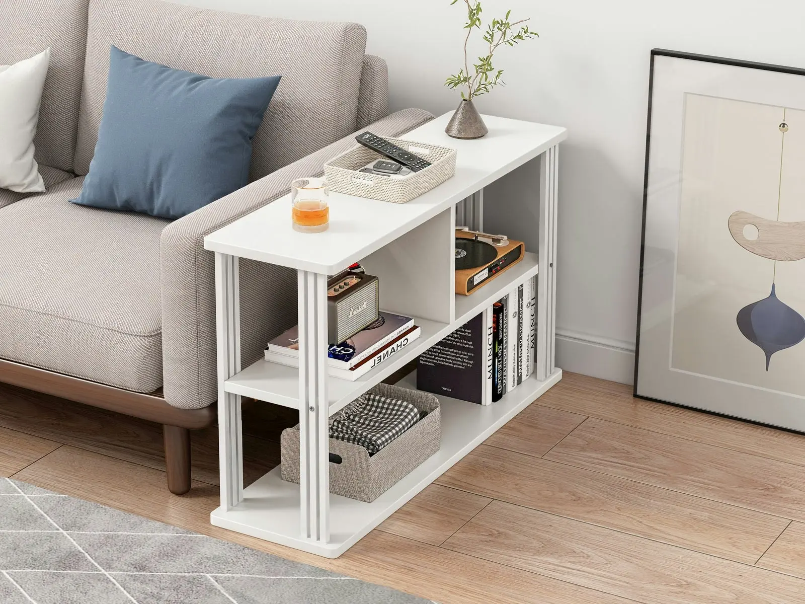 Icon Wood and Steel Sofa Side Table with Shelves (White)