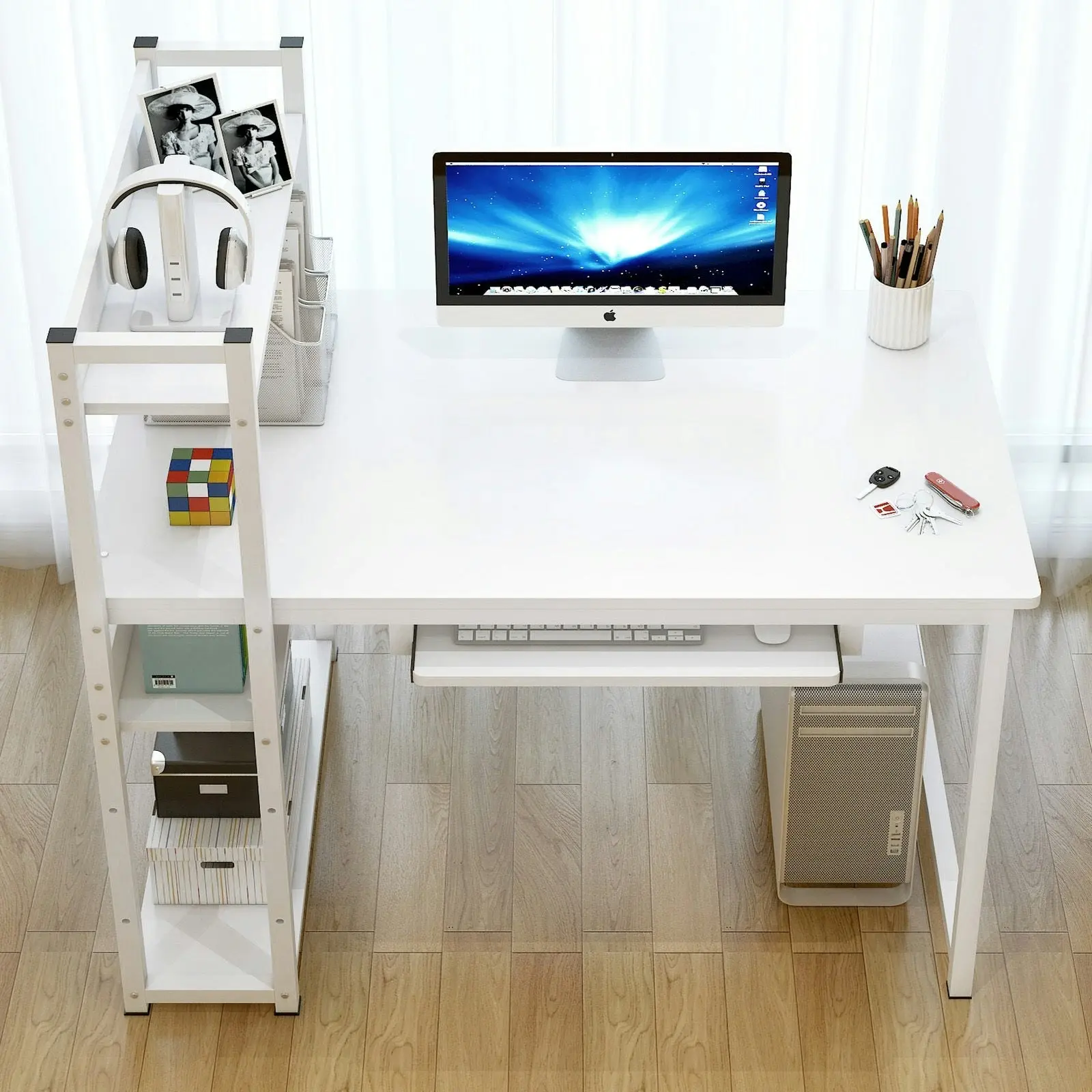 Edge Plus Combination Workstation Computer Desk with Storage Shelves (White)