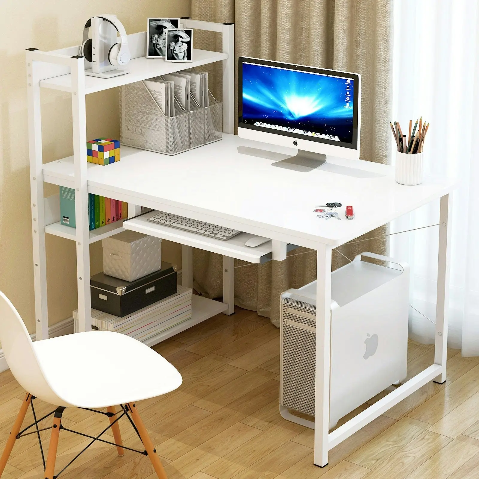 Edge Plus Combination Workstation Computer Desk with Storage Shelves (White)