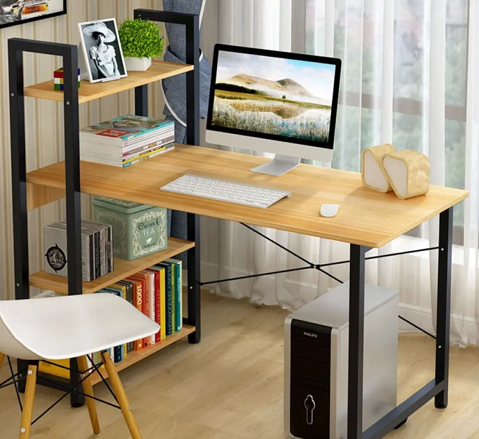 Exceeder Large Workstation Wood & Steel Computer Desk with Storage Shelves (Natural Oak)