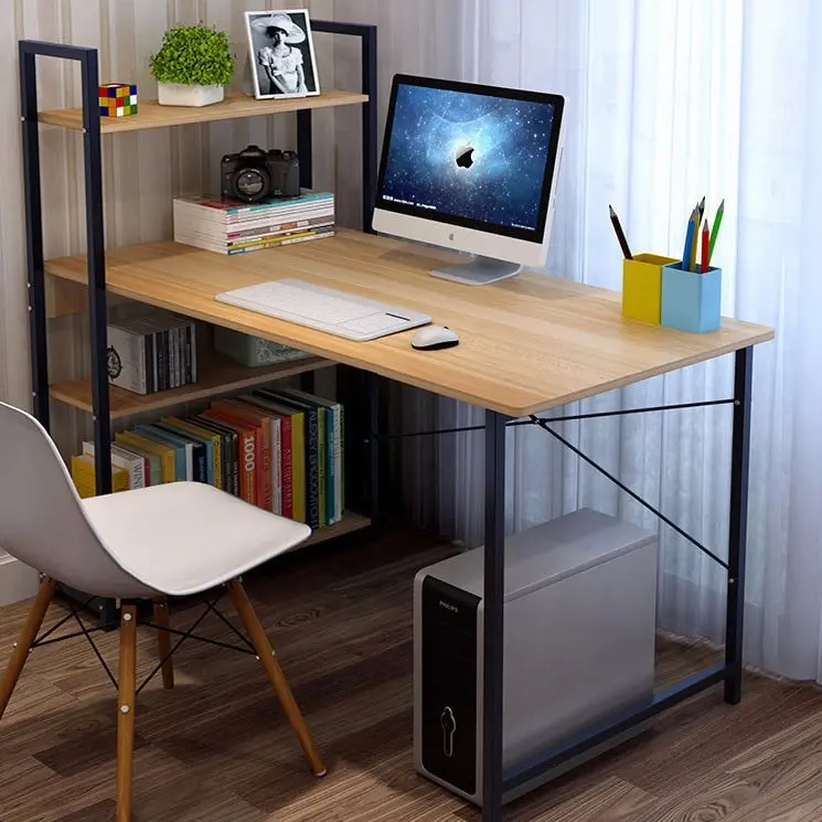 Exceeder Large Workstation Wood & Steel Computer Desk with Storage Shelves (Natural Oak)