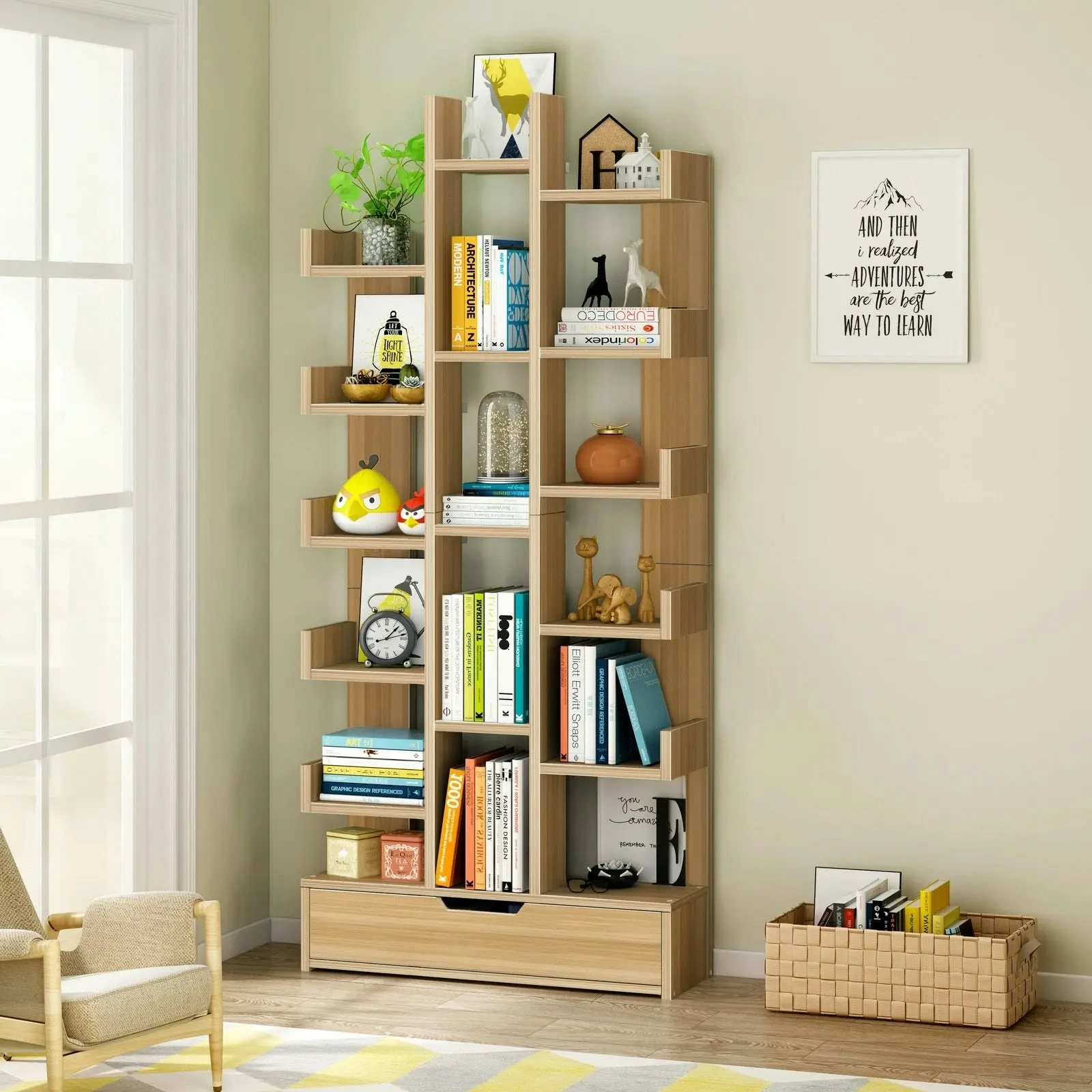 18-Shelf Brilliance Bookshelf Display Cabinet Shelf Bookcase Storage Organizer (Natural Oak)