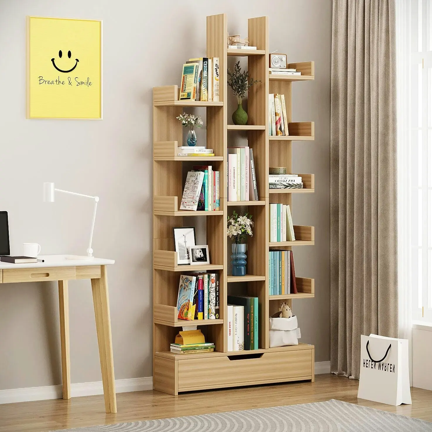 18-Shelf Brilliance Bookshelf Display Cabinet Shelf Bookcase Storage Organizer (Natural Oak)