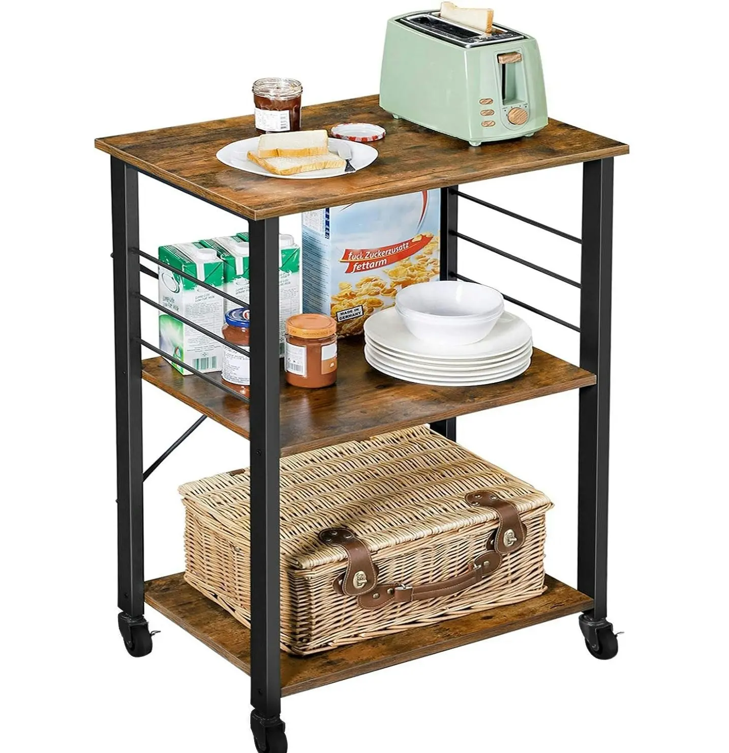 Atlas Heavy Duty Rustic Wood & Steel Multipurpose Utility Cart Storage Shelf Kitchen Trolley