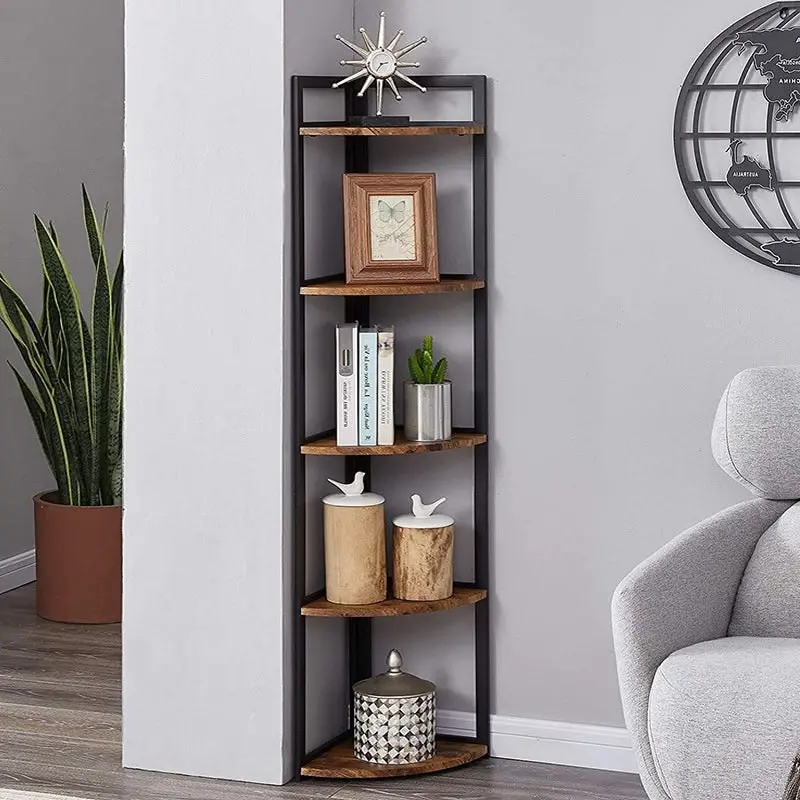 Deluxe 5 Tier Rustic Wood & Steel Corner Shelf Organizer Unit