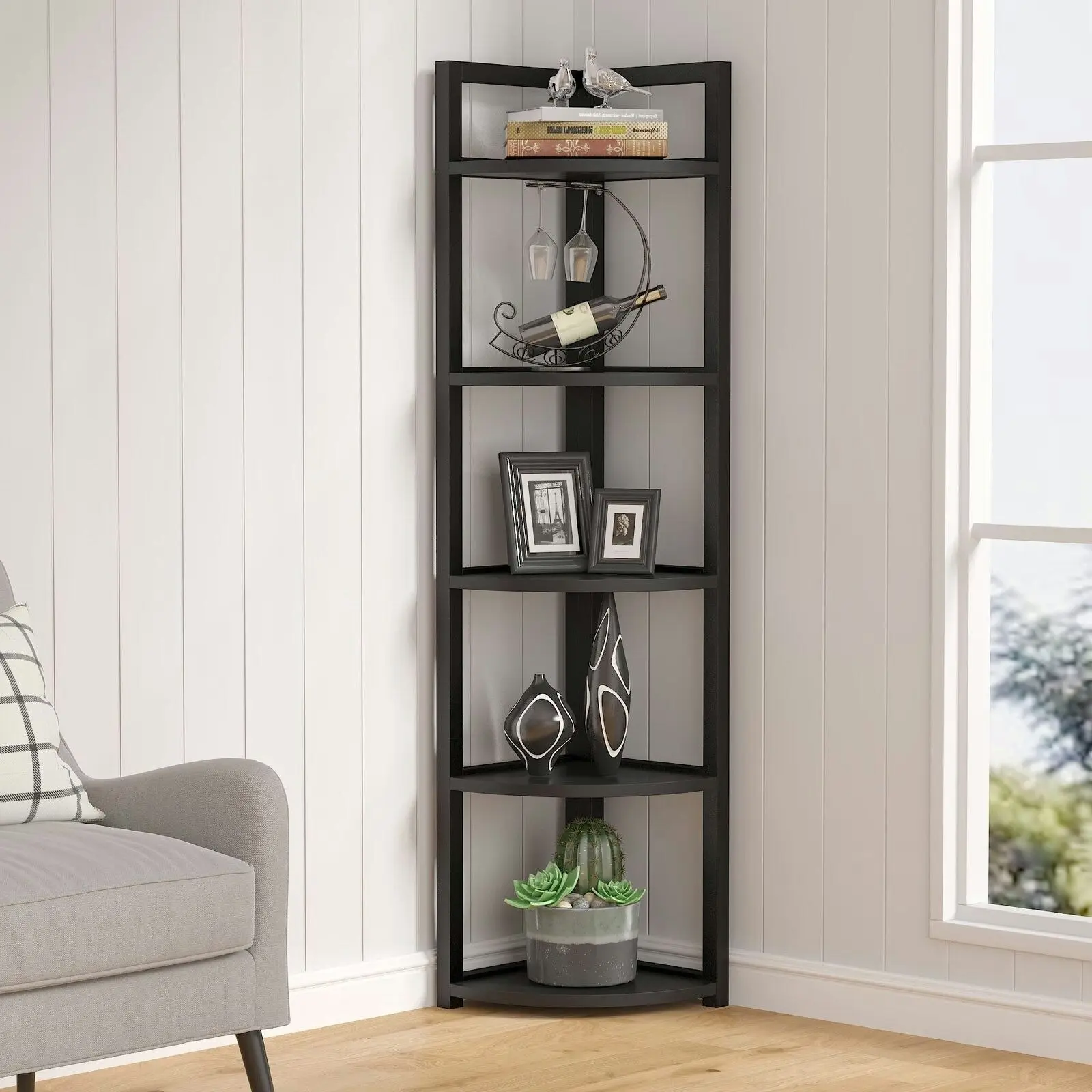 Deluxe 5 Tier Wood & Steel Corner Shelf Organizer Unit (Black)