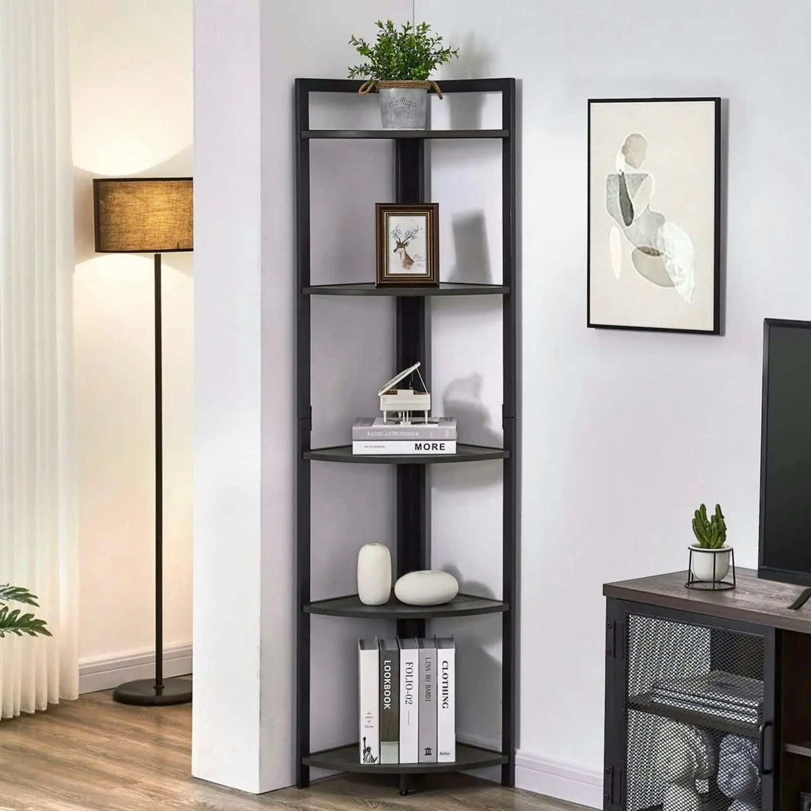 Deluxe 5 Tier Wood & Steel Corner Shelf Organizer Unit (Black)