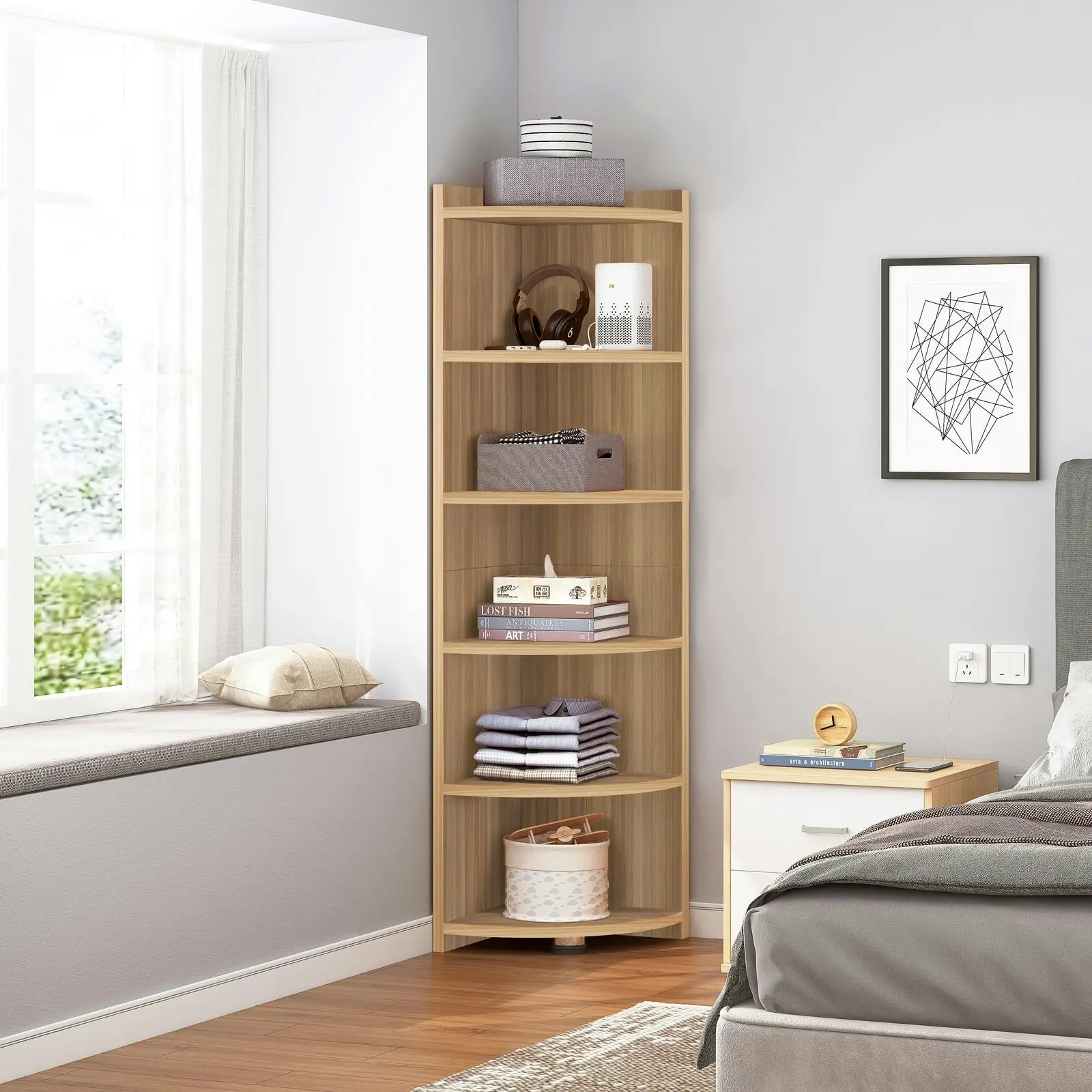 Inspire 6 Tier Large Stylish Wooden Corner Shelf Unit (Oak)