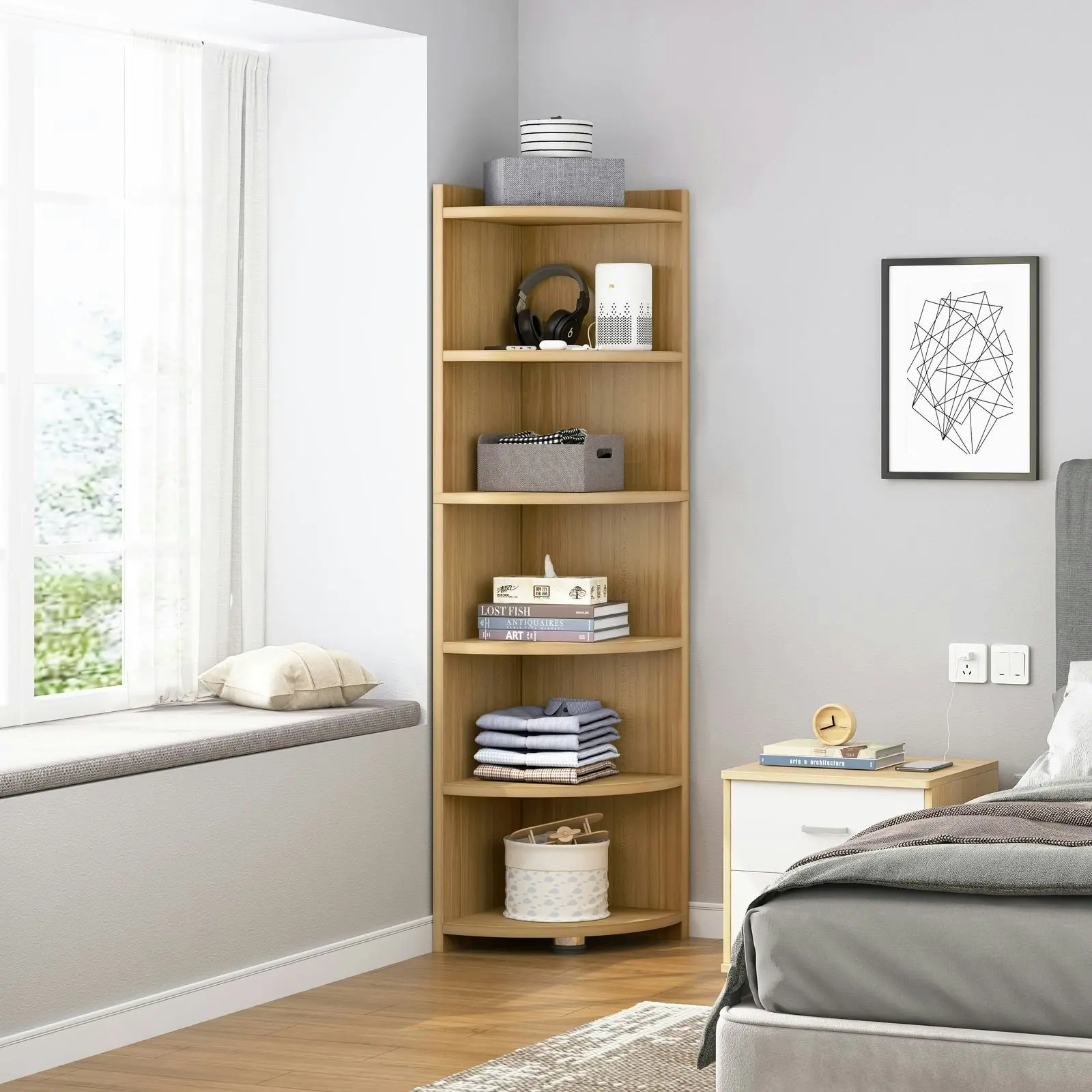 Inspire 6 Tier Large Stylish Wooden Corner Shelf Unit (Oak)