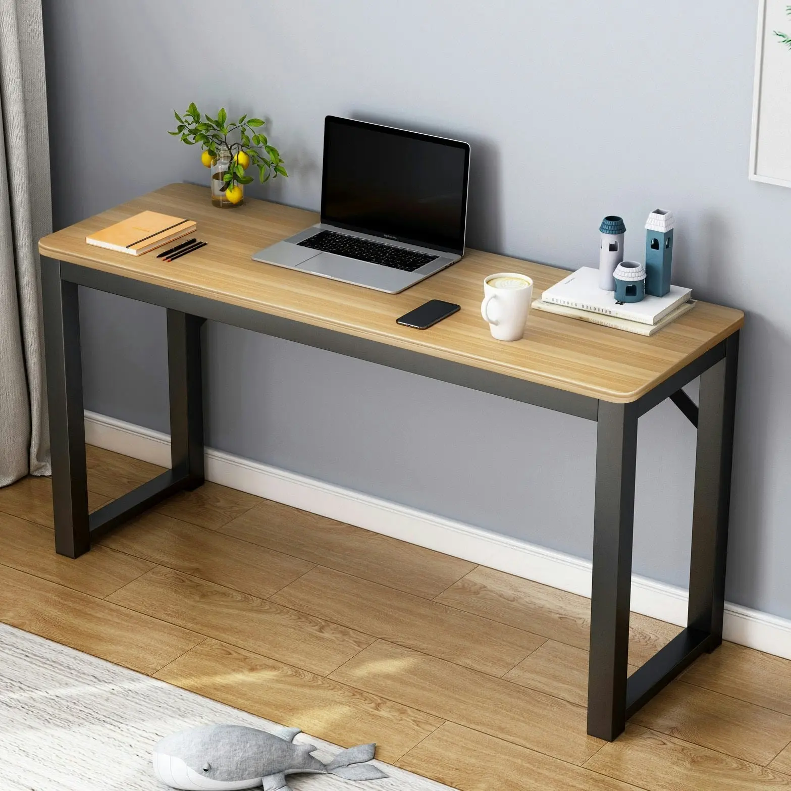 Profile Console Table Wood & Metal Narrow Desk (Oak & Black)