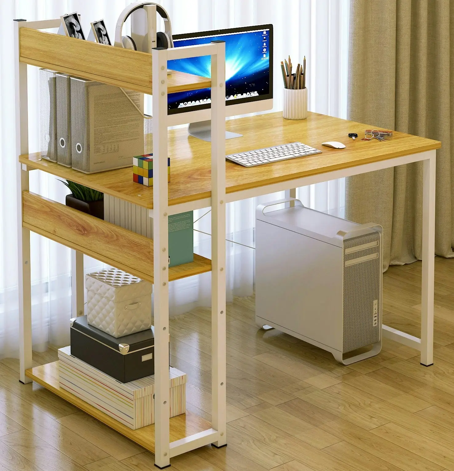 Edge Combination Workstation Computer Desk with Storage Shelves (Oak)