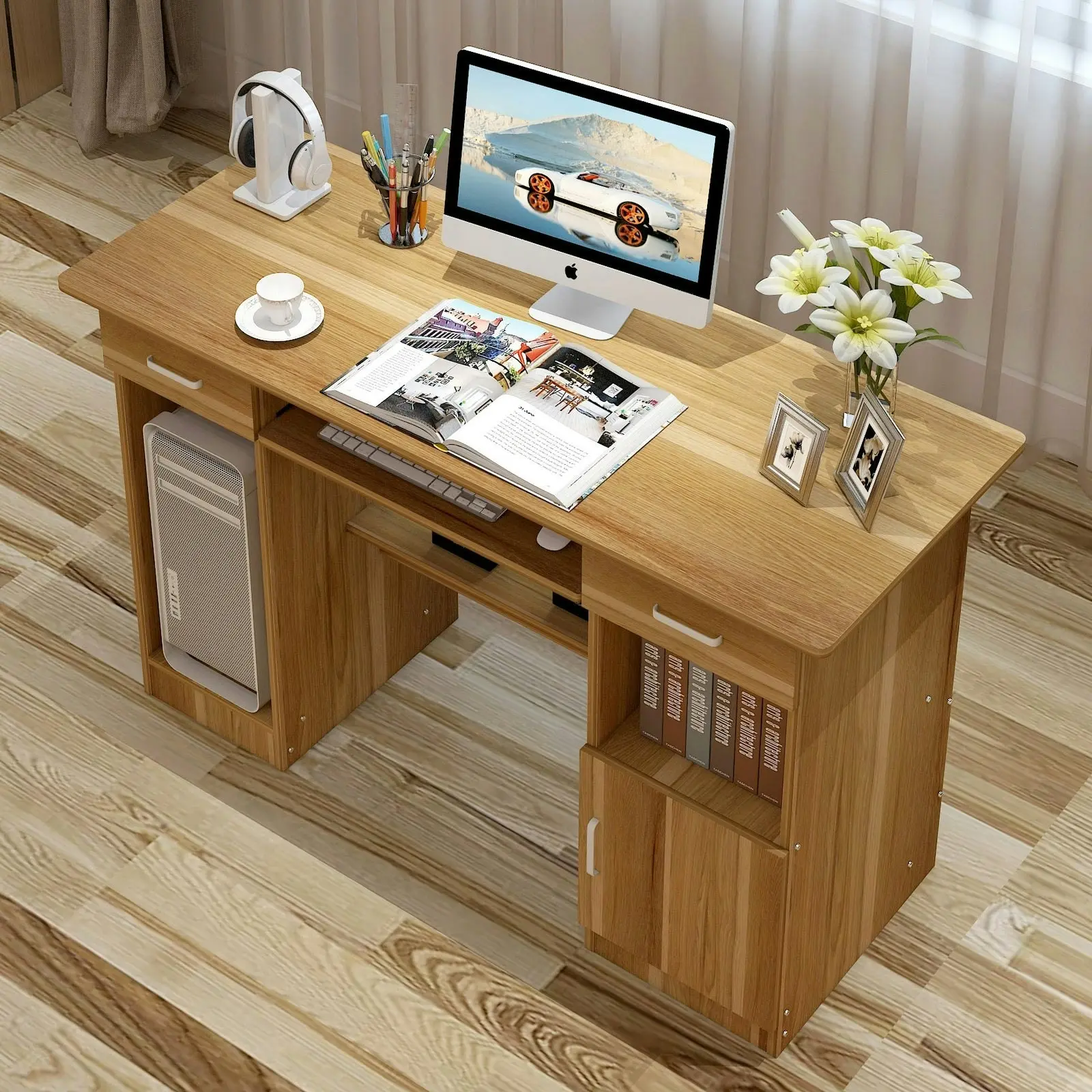 Executive Office Computer Desk with Drawers, Cabinet, Shelves (Oak)