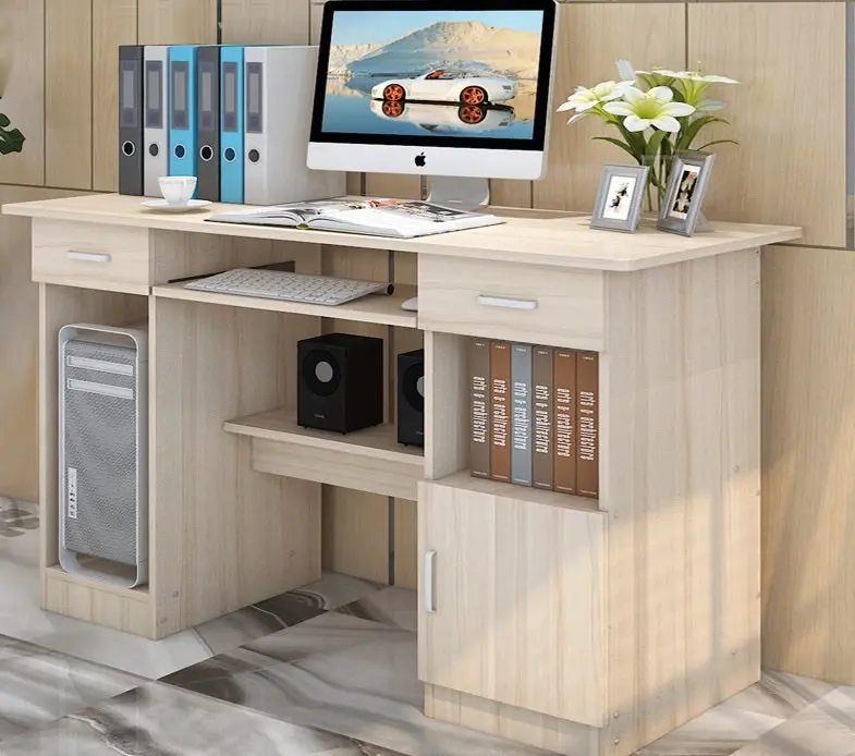 Executive Office Computer Desk with Drawers, Cabinet, Shelves (White Oak)