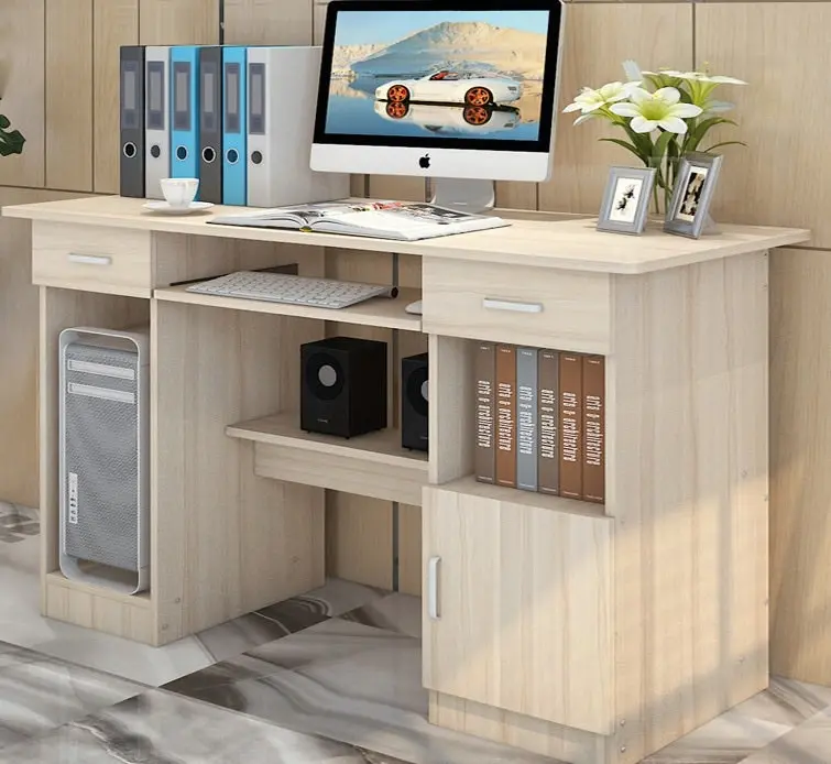 Executive Office Computer Desk with Drawers, Cabinet, Shelves (White Oak)