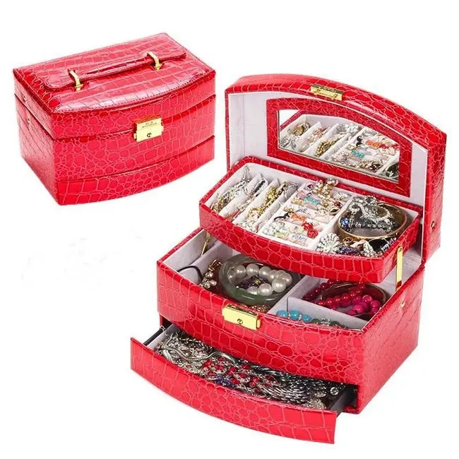 Deluxe PU Leather Jewellery Box Storage Case Organiser Gift (Red)