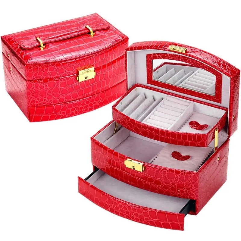 Deluxe PU Leather Jewellery Box Storage Case Organiser Gift (Red)