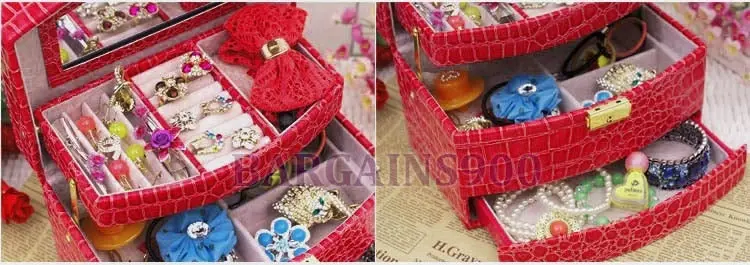 Deluxe PU Leather Jewellery Box Storage Case Organiser Gift (Red)