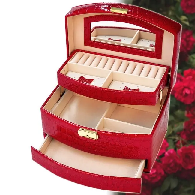 Deluxe PU Leather Jewellery Box Storage Case Organiser Gift (Red)