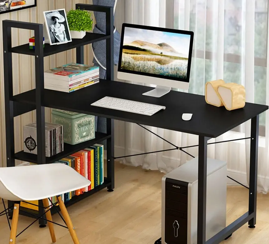 Exceeder Large Workstation Wood & Steel Computer Desk with Bookcase (Black)