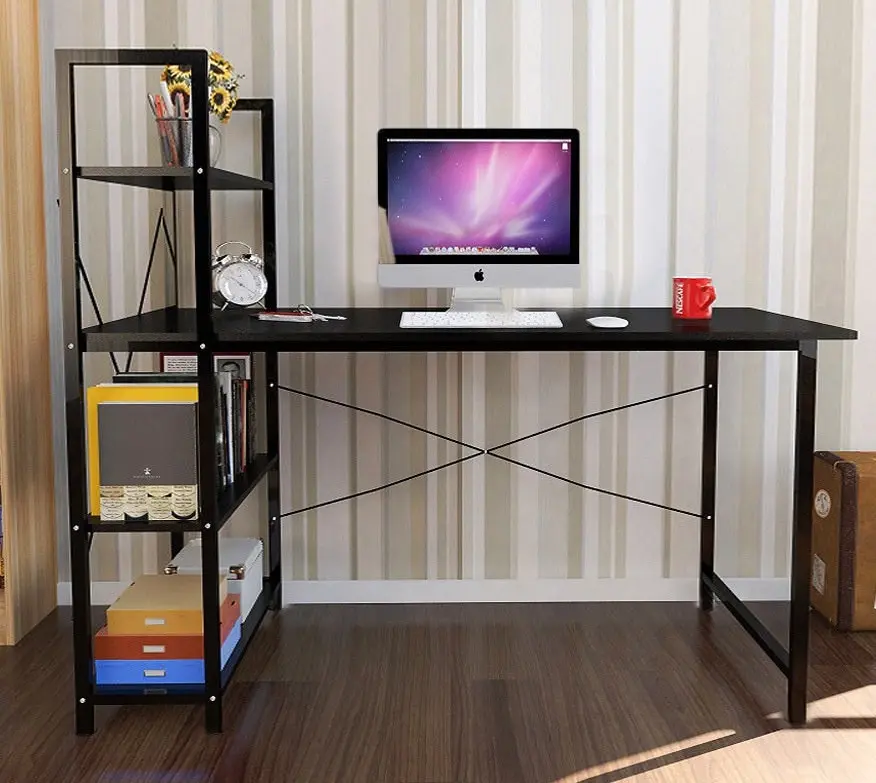 Exceeder Large Workstation Wood & Steel Computer Desk with Bookcase (Black)