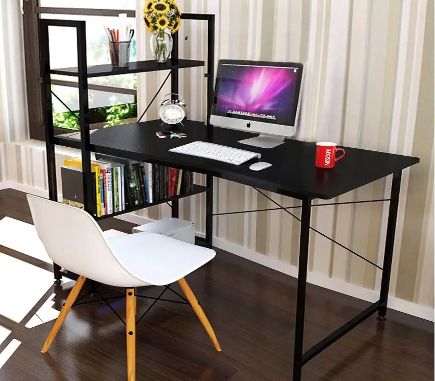 Exceeder Large Workstation Wood & Steel Computer Desk with Bookcase (Black)