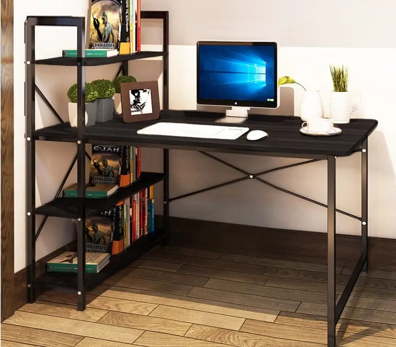 Exceeder Large Workstation Wood & Steel Computer Desk with Bookcase (Black)