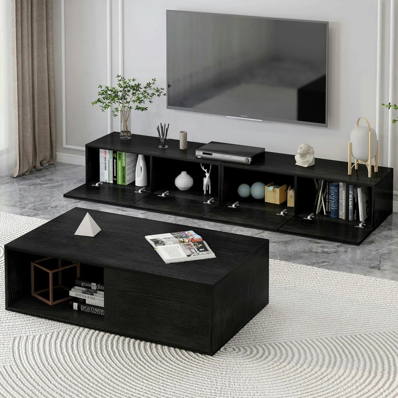 2-Piece Set Lusso Designer Wooden Coffee Table & 2m TV Cabinet (Black)