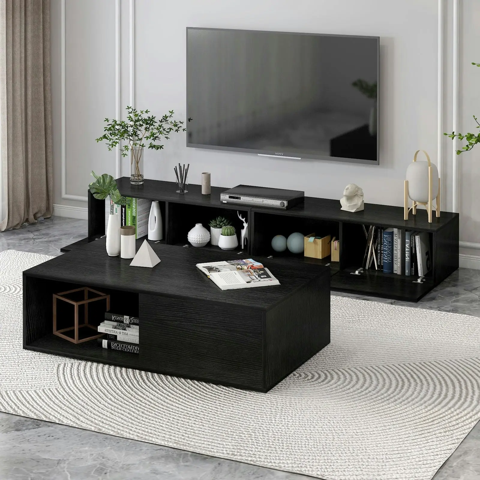 2-Piece Set Lusso Designer Wooden Coffee Table & 2m TV Cabinet (Black)