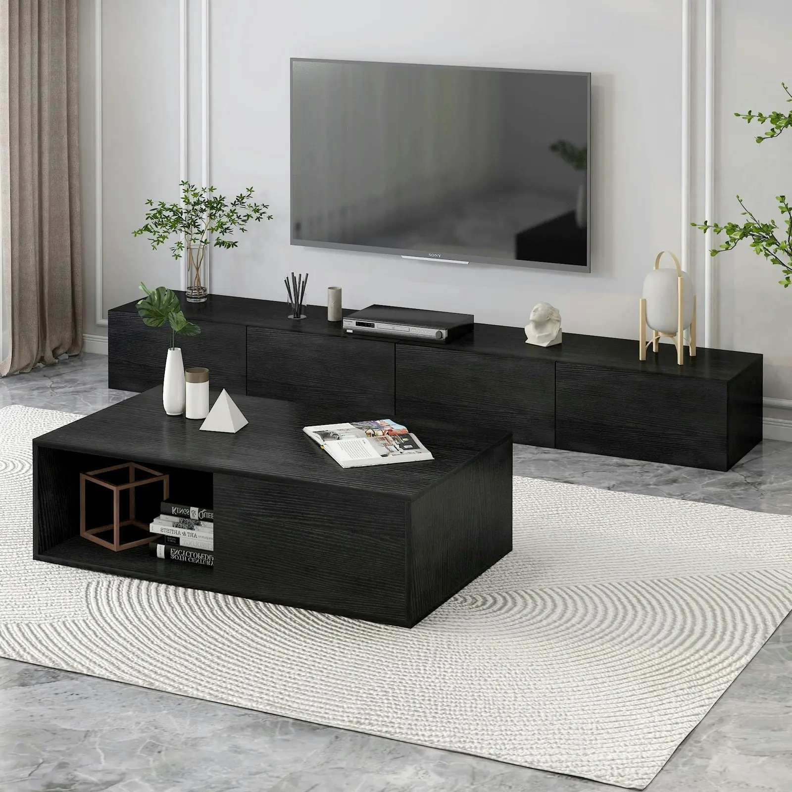 2-Piece Set Lusso Designer Wooden Coffee Table & 2m TV Cabinet (Black)