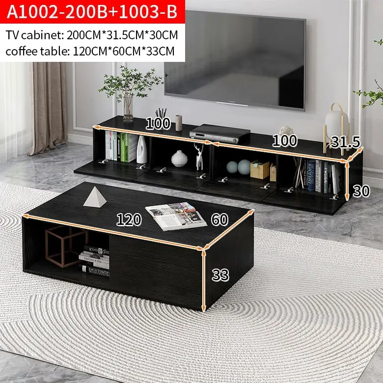 2-Piece Set Lusso Designer Wooden Coffee Table & 2m TV Cabinet (Black)