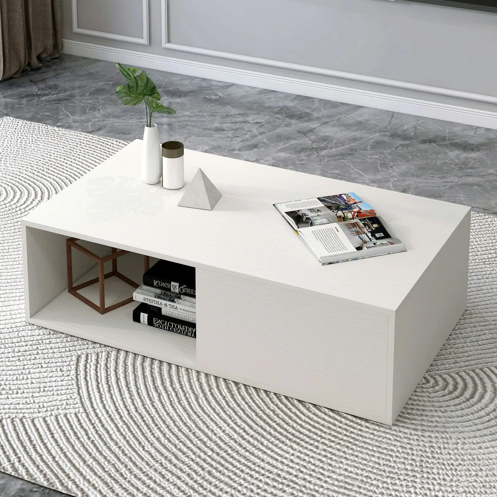 2-Piece Set Lusso Designer Wooden Coffee Table & 2m TV Cabinet (White)