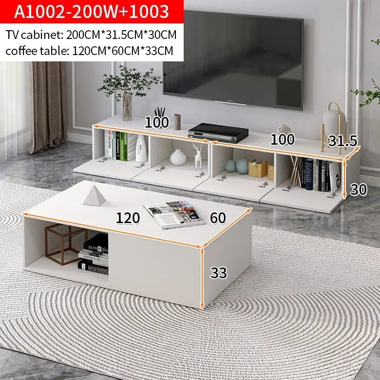 2-Piece Set Lusso Designer Wooden Coffee Table & 2m TV Cabinet (White)