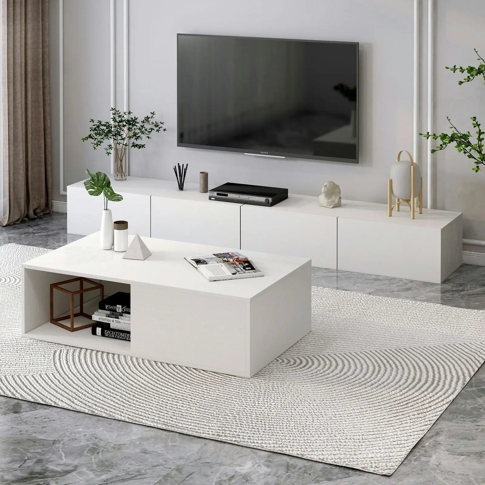 2-Piece Set Lusso Designer Wooden Coffee Table & 2m TV Cabinet (White)