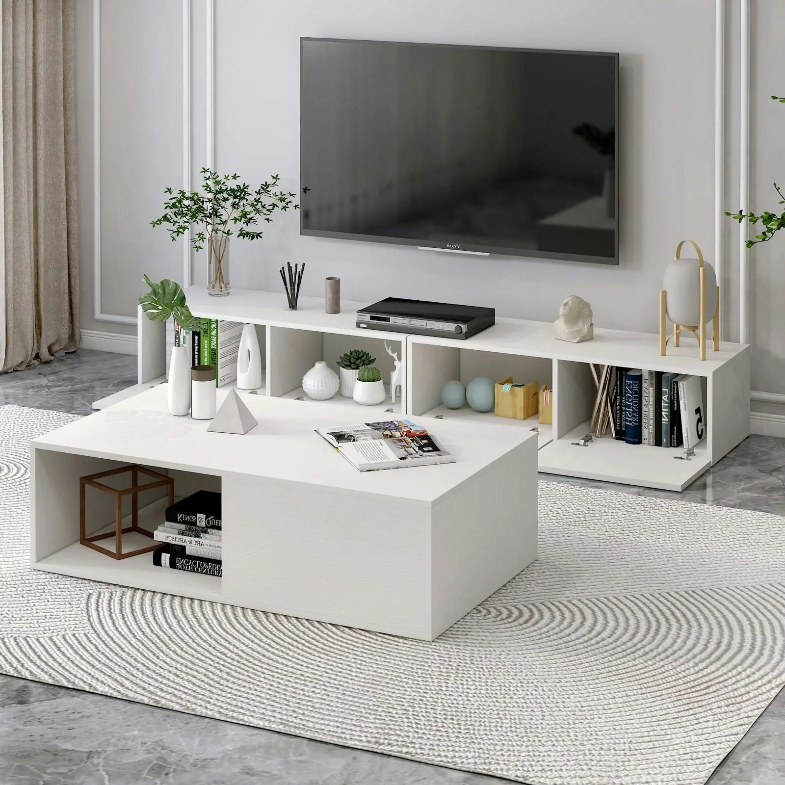 2-Piece Set Lusso Designer Wooden Coffee Table & 2m TV Cabinet (White)