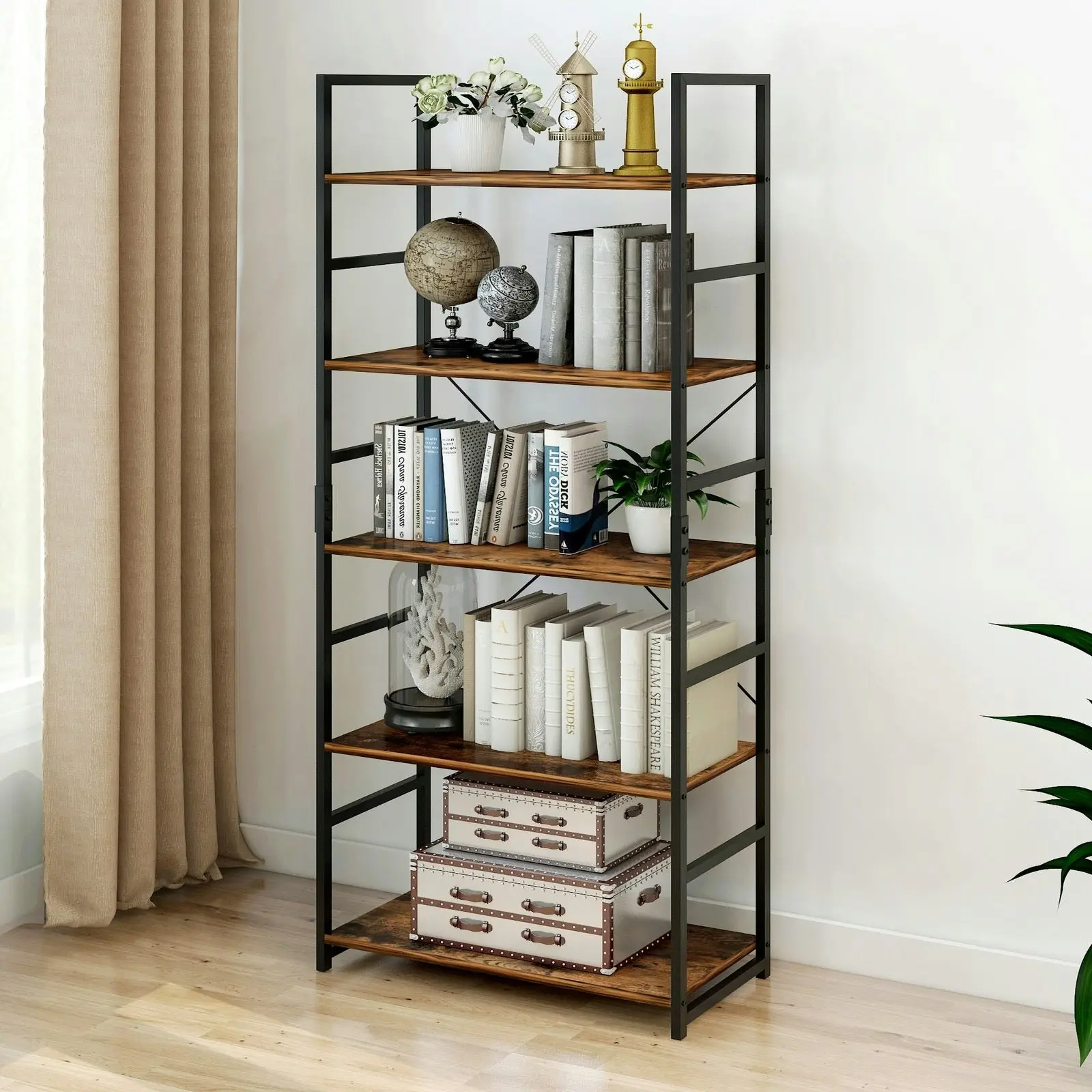 5 Tier Multifunction Heavy Duty Bookcase Rustic Wood & Steel Storage Shelf Organizer