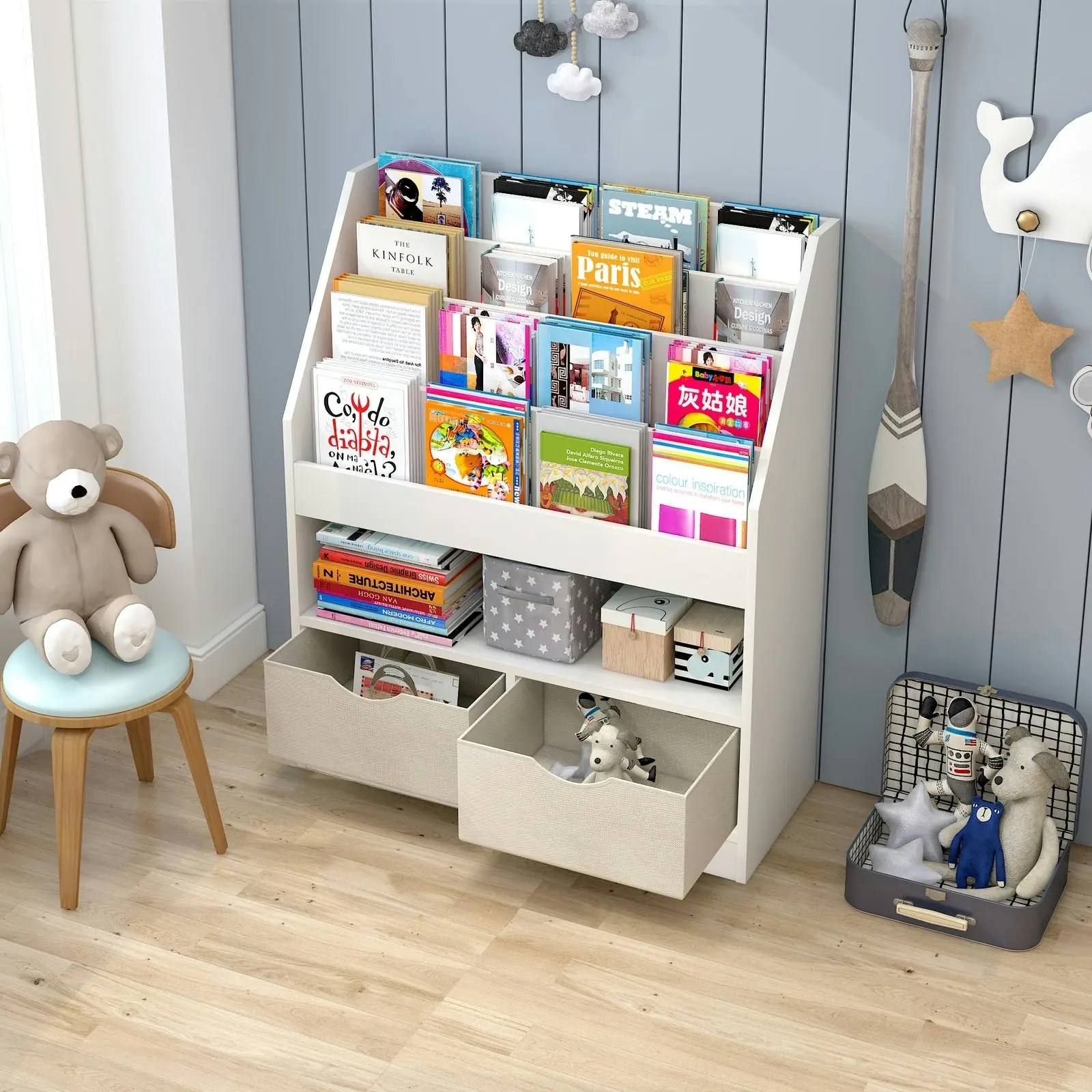 Clover Bookcase Storage Shelf Magazine Rack with Drawers