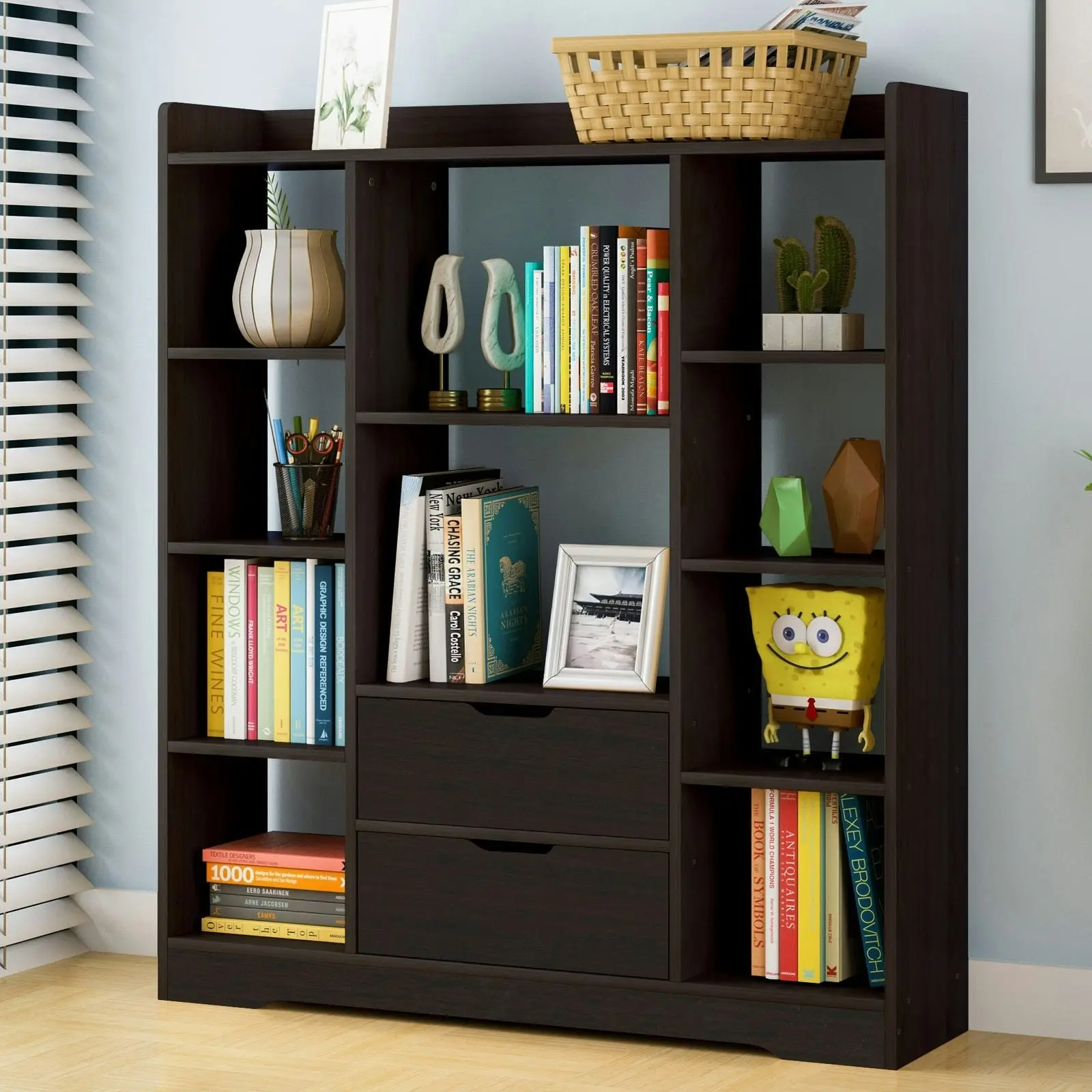 Eden Wardrobe Cupboard Bookshelf with Drawer Furniture (Black Walnut)