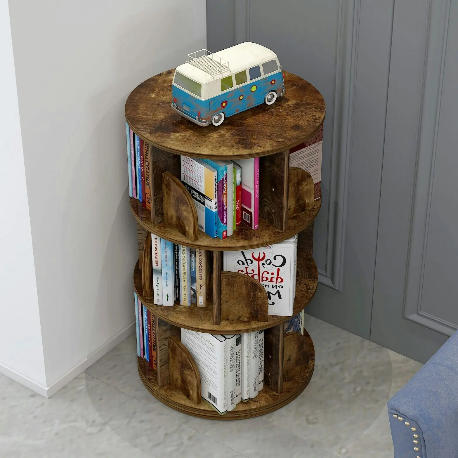 Sanctuary 360-degree Rotating 3 Tier Display Shelf Bookcase Organiser (Rustic Wood)