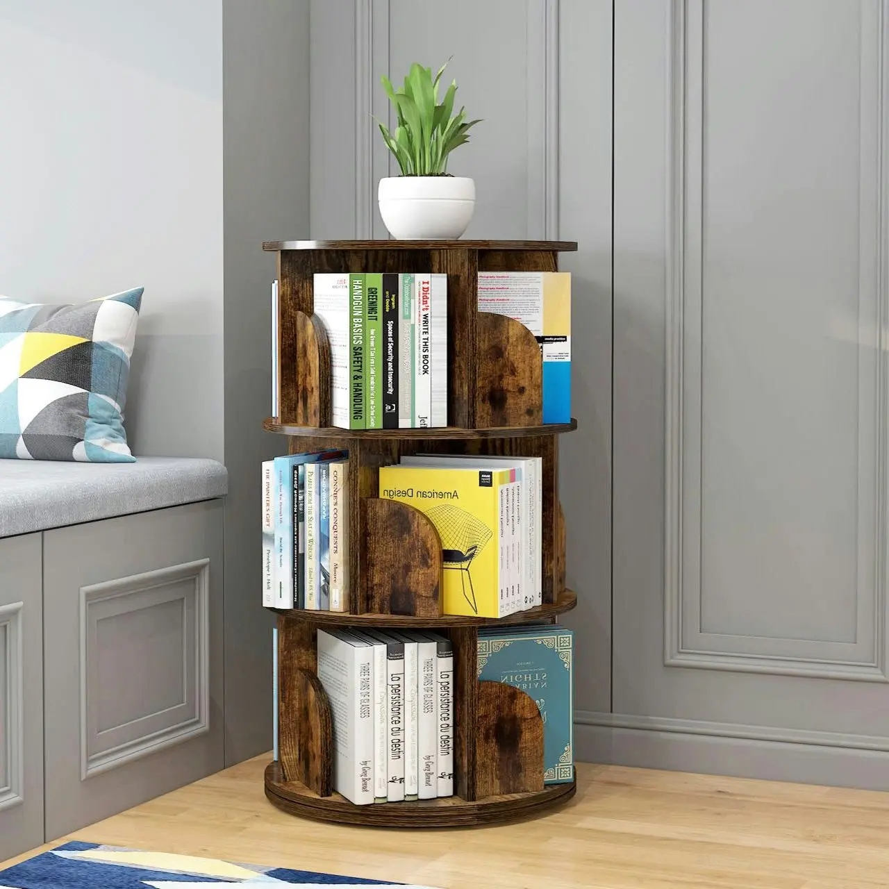 Sanctuary 360-degree Rotating 3 Tier Display Shelf Bookcase Organiser (Rustic Wood)