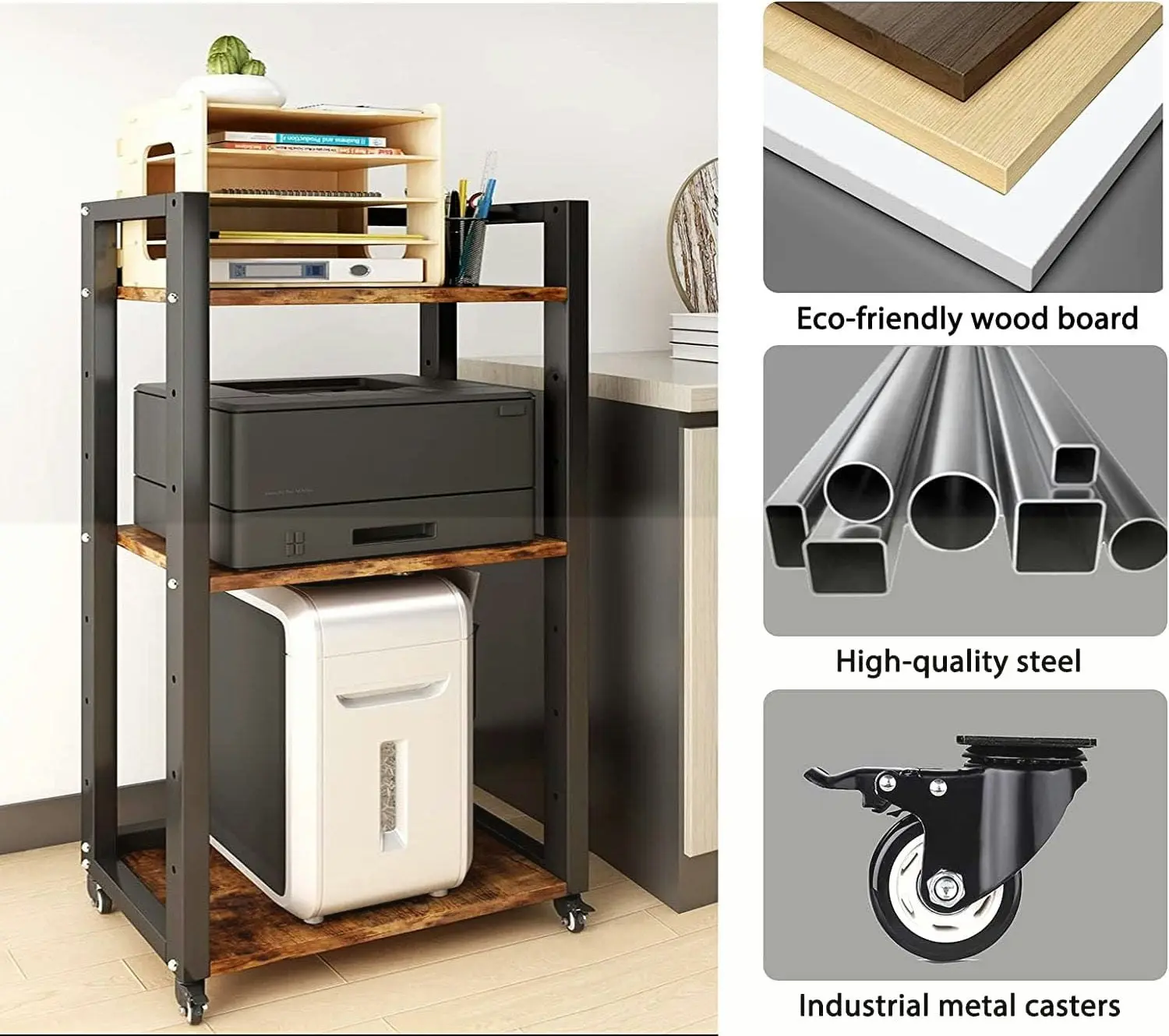 Fortis Heavy Duty Rustic Wood and Steel Multipurpose Utility Trolley Storage Shelf Organizer