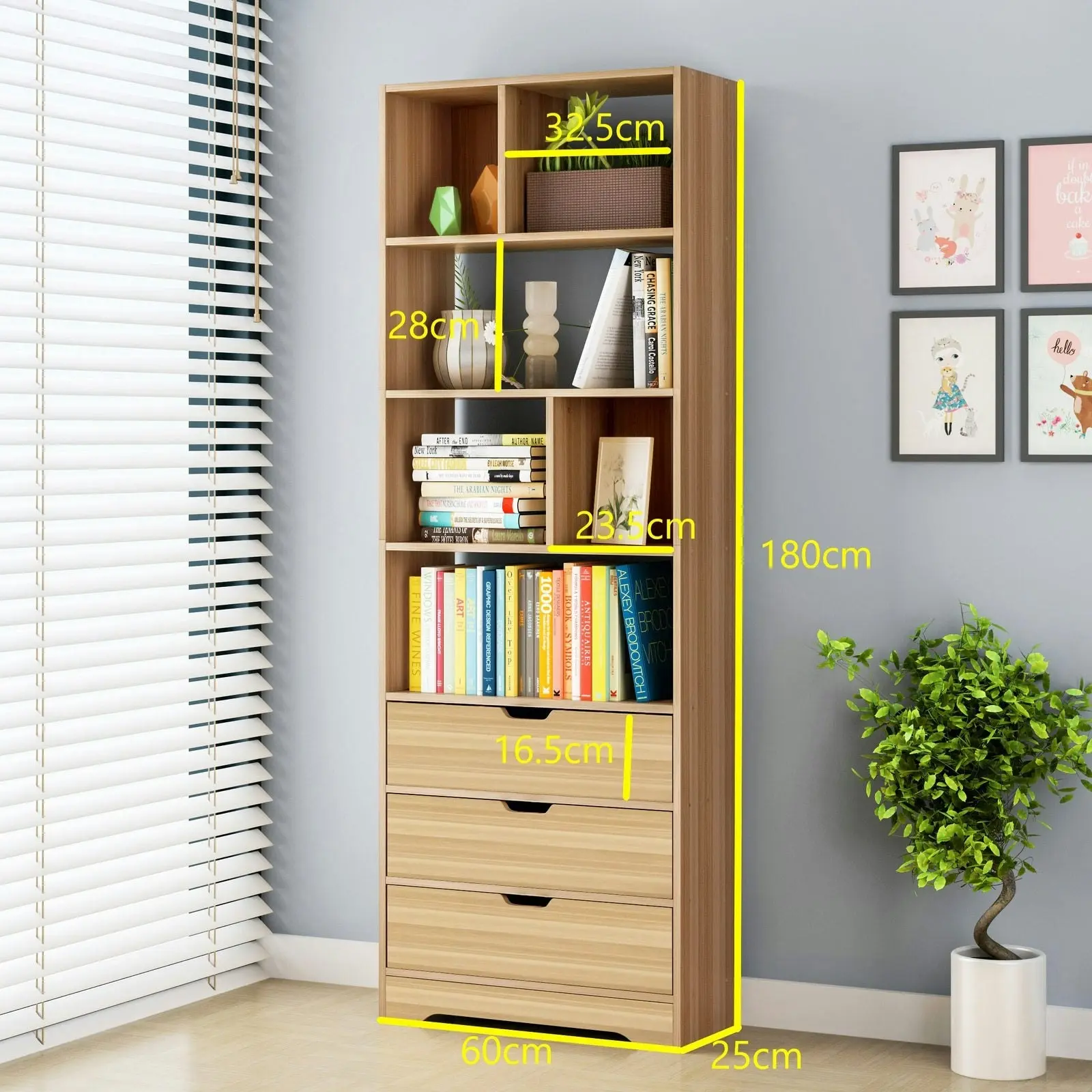 Luna 1.8m Tall Shelf Cupboard Bookshelf Wardrobe with Drawers (Oak)