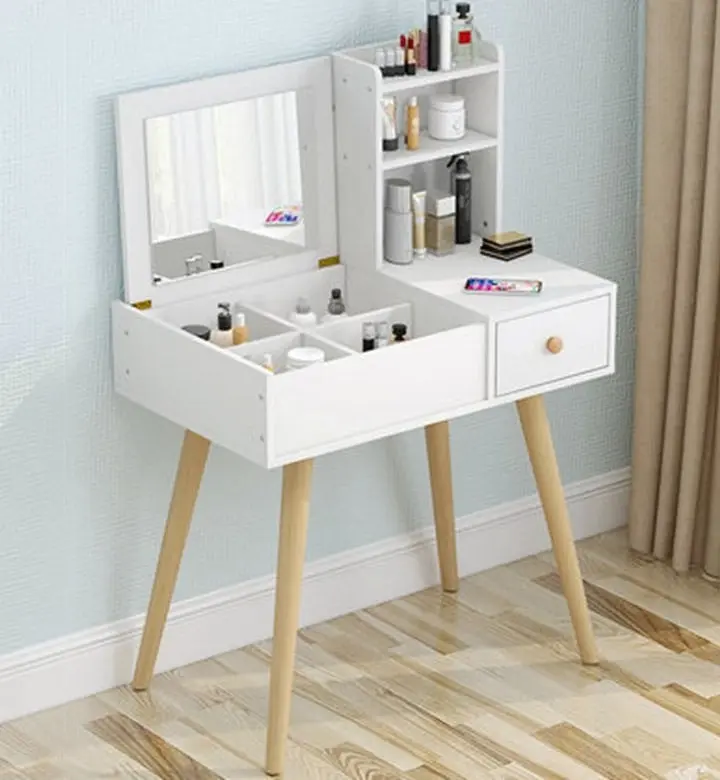 Glam Dresser Vanity Table with Mirror, Stool and Storage Shelves Set (White)