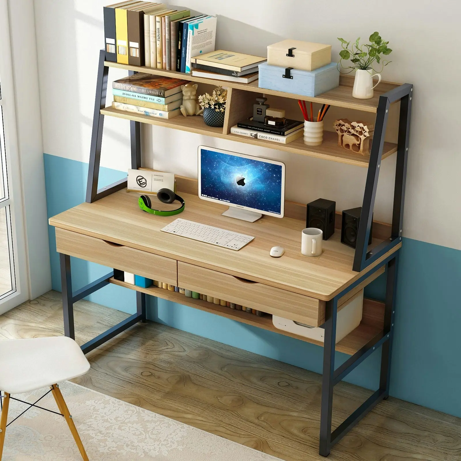 Enterprise Large Computer Desk Workstation with Shelves & Drawers (Oak)