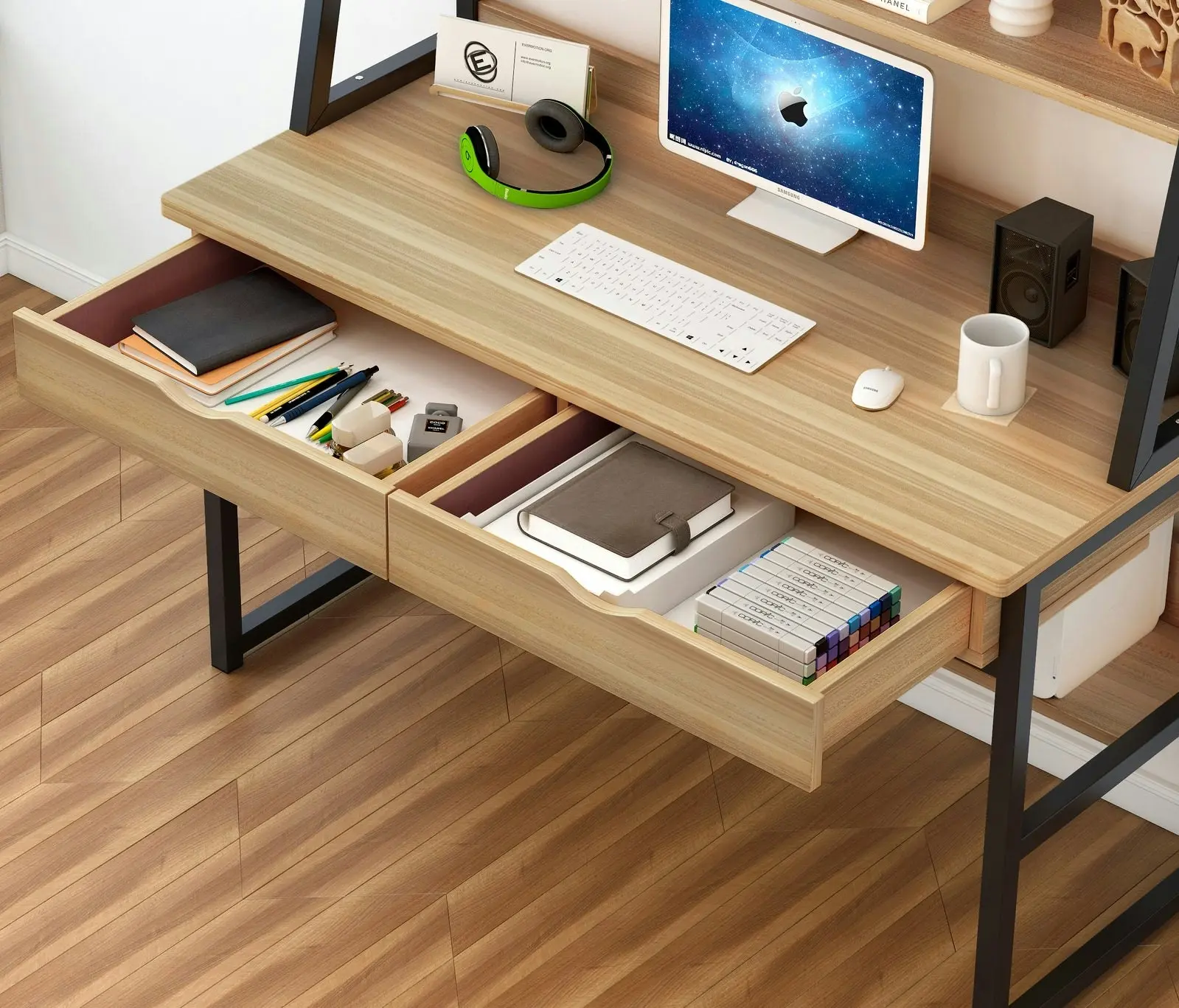 Enterprise Large Computer Desk Workstation with Shelves & Drawers (Oak)