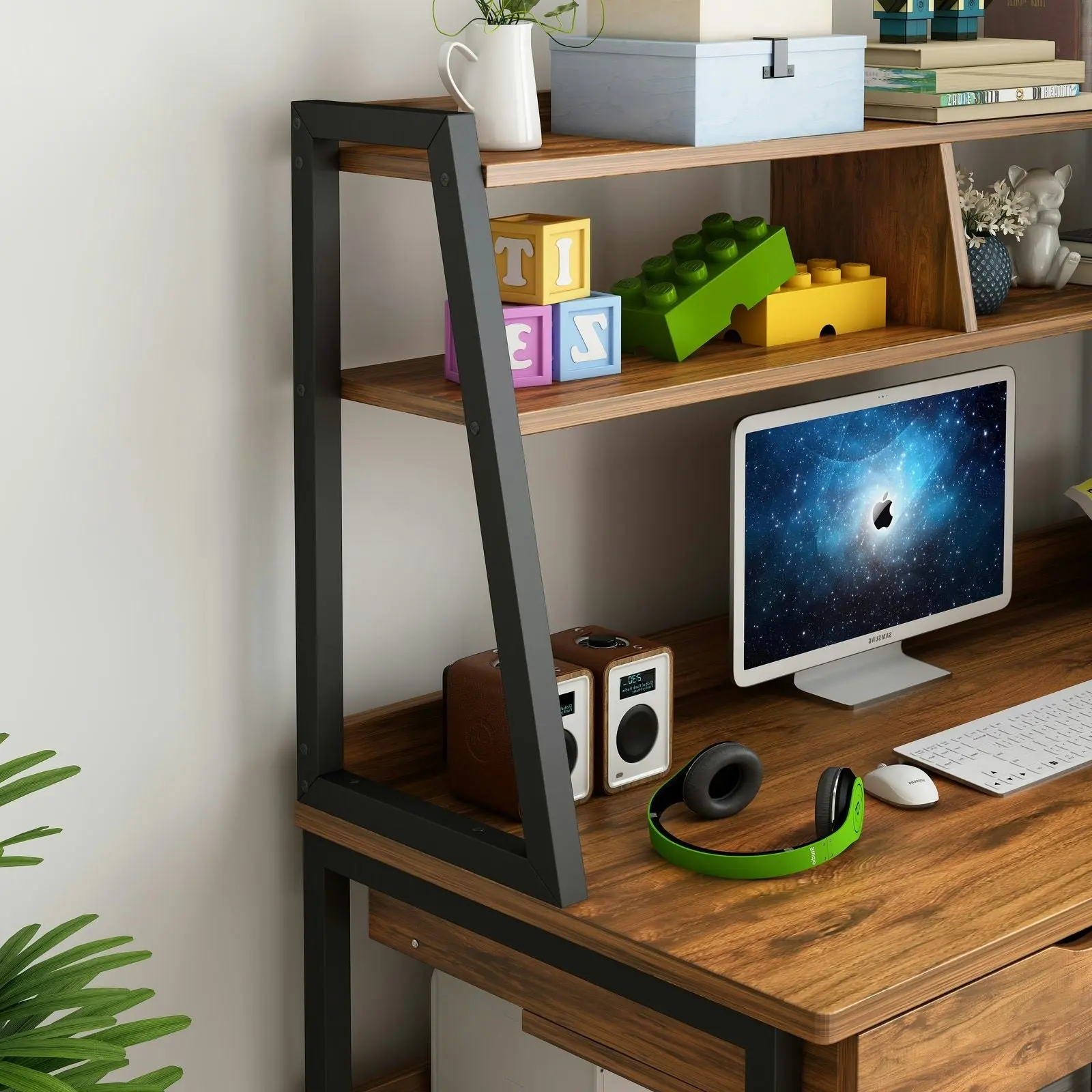 Enterprise Large Computer Desk Workstation with Shelves & Drawers (Rustic Wood)