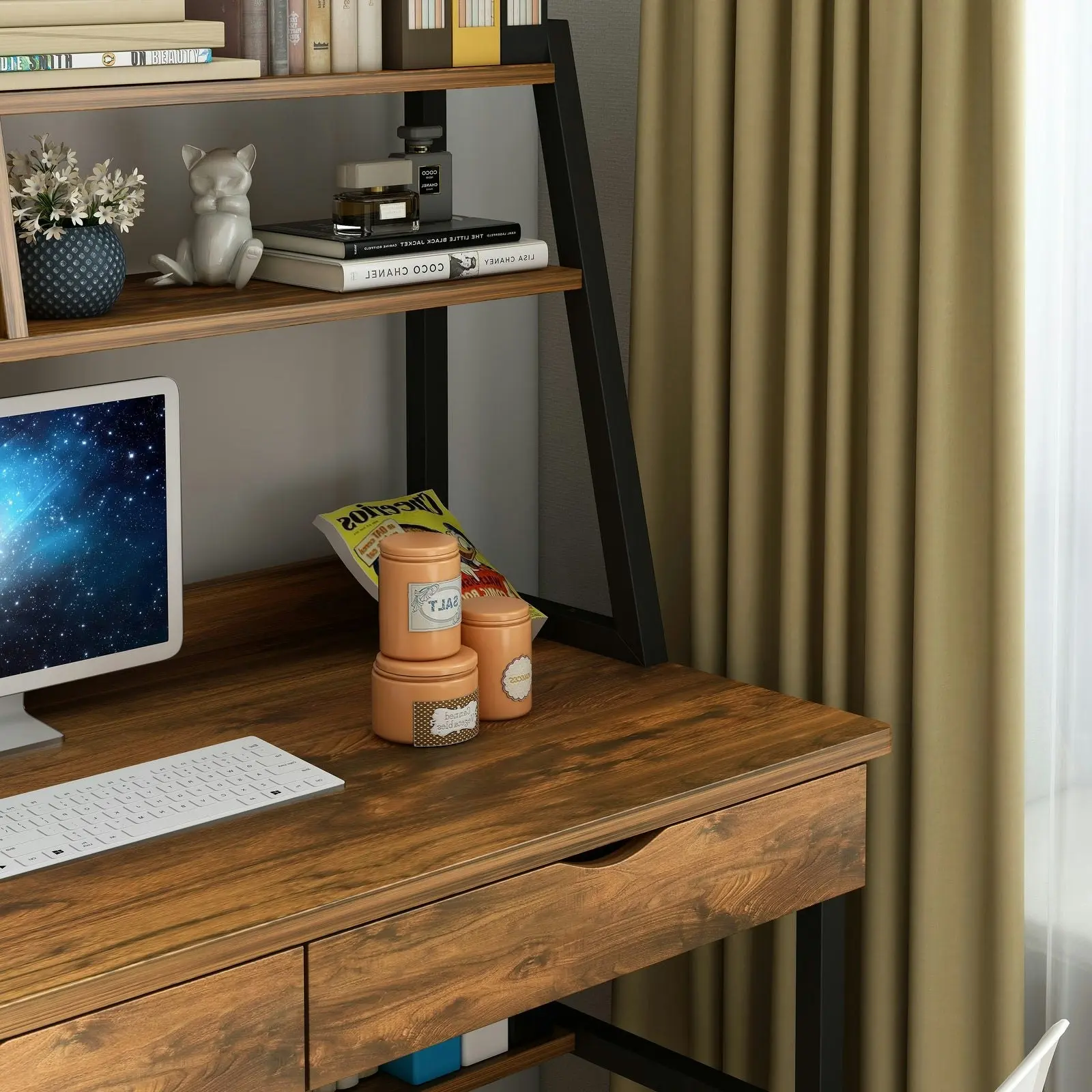 Enterprise Large Computer Desk Workstation with Shelves & Drawers (Rustic Wood)