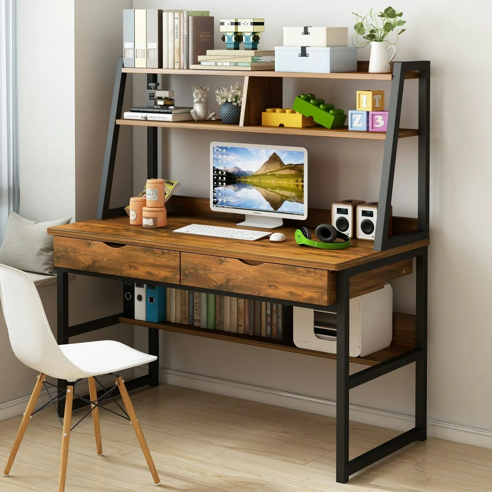 Enterprise Large Computer Desk Workstation with Shelves & Drawers (Rustic Wood)