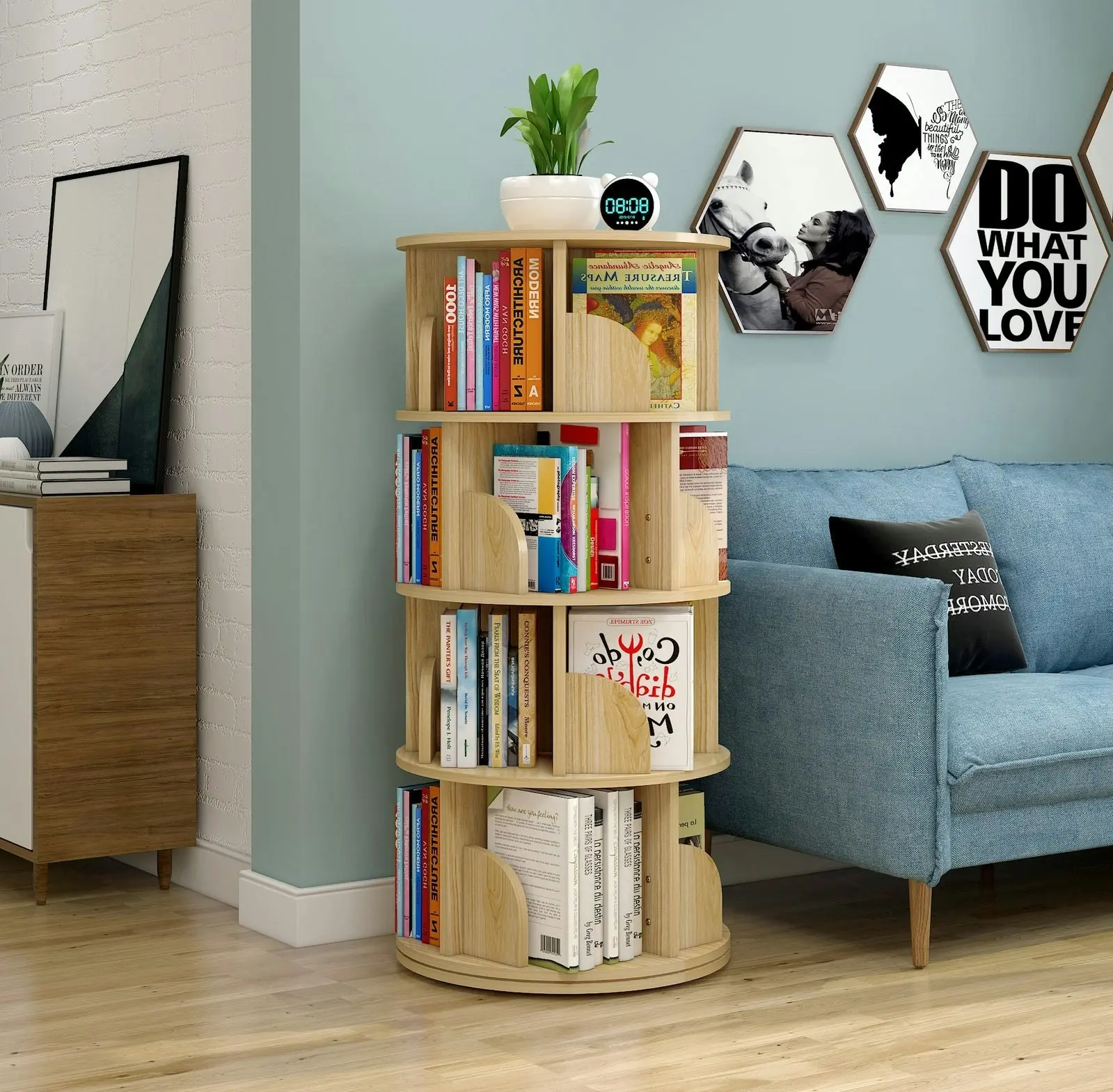 Sanctuary 360-degree Rotating 4 Tier Display Shelf Bookcase Organiser (Oak)